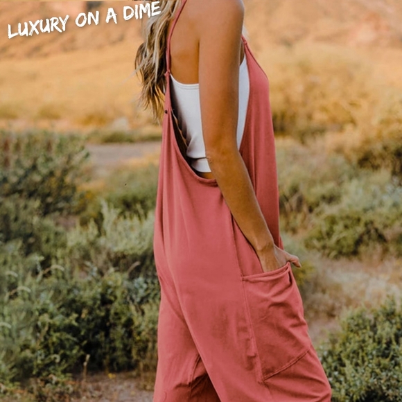 Oversized Hippie V-Neck Sleeveless Wide Leg Pant Pocket Jumpsuit Minimalist - Picture 4 of 7